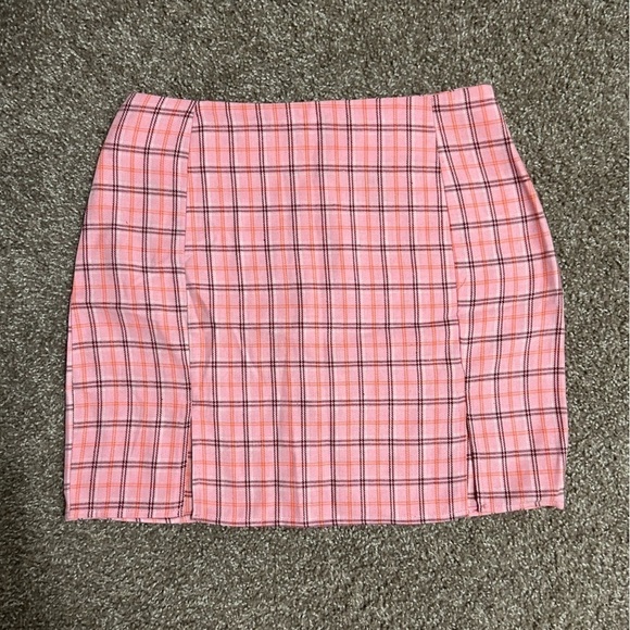 Shein Split Hem Plaid Fitted Bodycon Mini Skirt in Barbie Pink Clueless Size S - Picture 1 of 8
